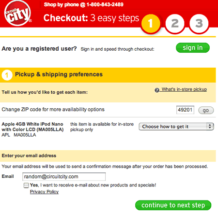 Circuit City checkout sign-in